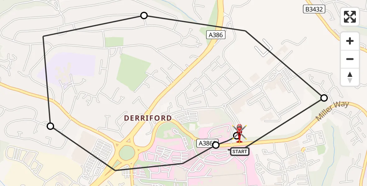 Flight route Air Ambulance Helicopter Derriford Hospital - Estover, 22 May 2026, 14:16