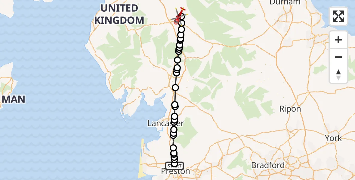 Flight route Air Ambulance Helicopter Preston - Langwathby, 22 May 2026, 14:19