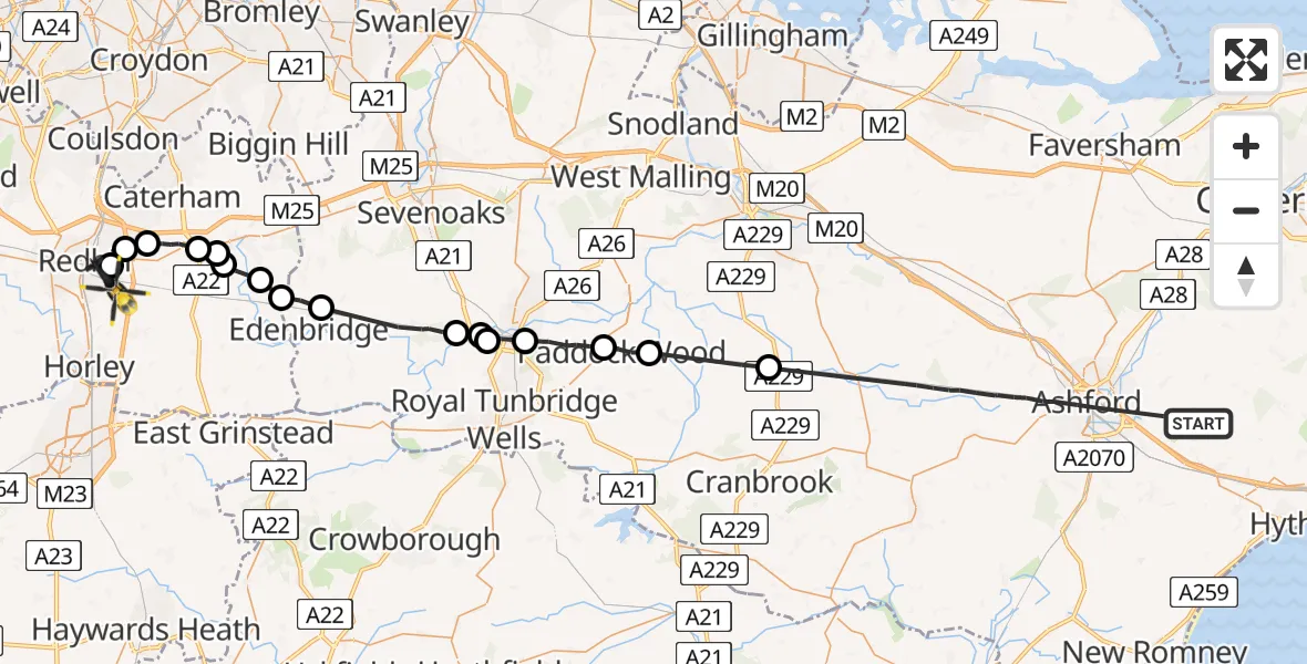 Flight route Police Helicopter Ashford - South Nutfield, 22 May 2026, 14:24