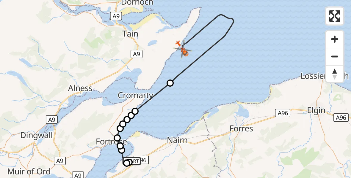 Flight route Coastguard Helicopter Inverness Airport - North Sea, 22 May 2026, 14:24