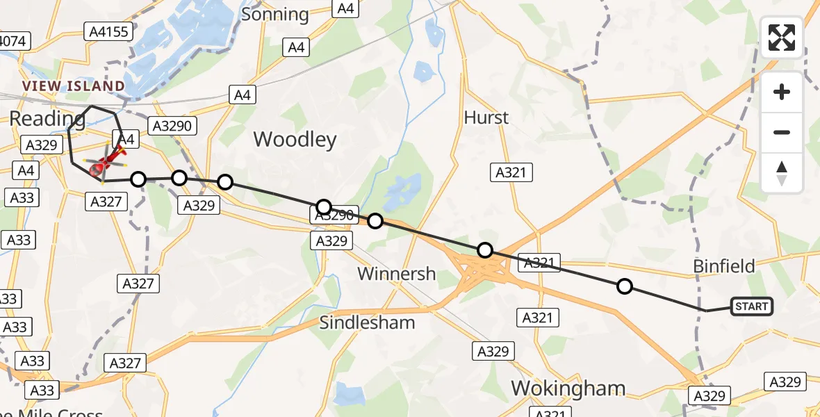 Flight route Air Ambulance Helicopter Binfield - Reading, 22 May 2026, 14:31