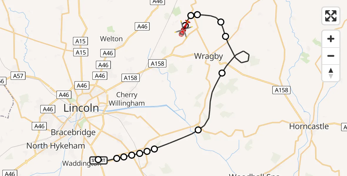 Flight route Air Ambulance Helicopter RAF Waddington - Wickenby Aerodrome, 22 May 2026, 14:34