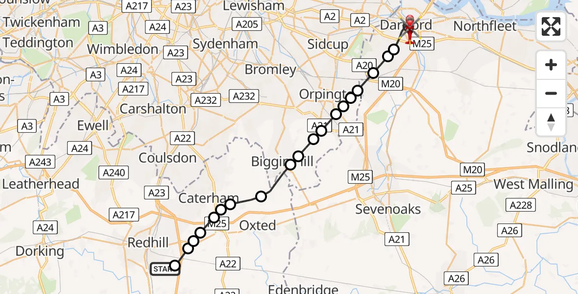 Flight route Air Ambulance Helicopter Redhill Aerodrome - Dartford, 22 May 2026, 14:37