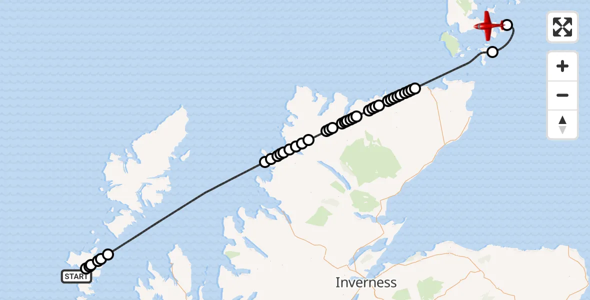 Flight route Air Ambulance Aircraft North Atlantic Ocean - Tankerness, 22 May 2026, 14:41