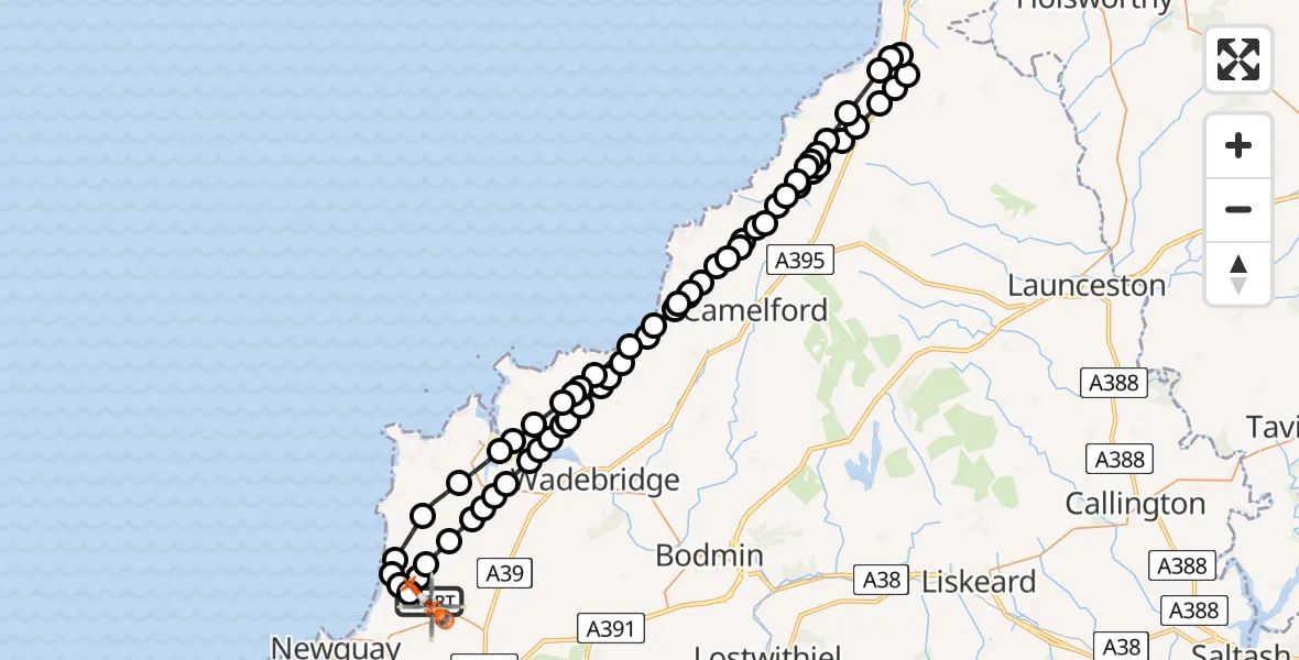 Flight route Coastguard Helicopter Cornwall Airport Newquay - Cornwall Airport Newquay, 22 May 2026, 14:44