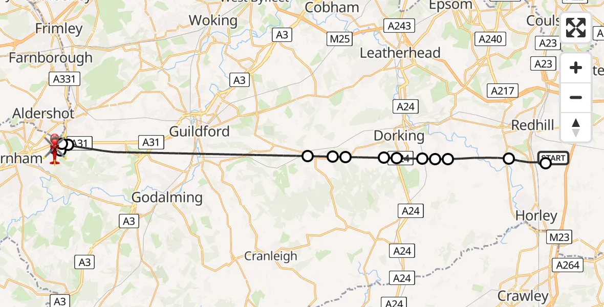 Flight route Air Ambulance Helicopter Redhill Aerodrome - Farnham, 22 May 2026, 14:45