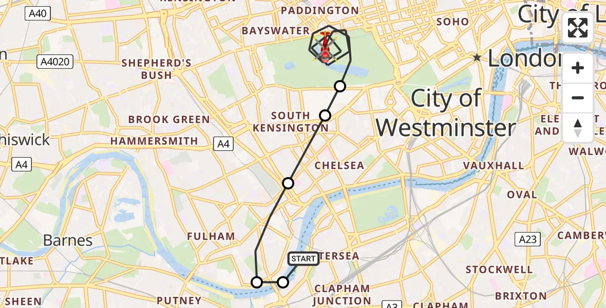 Flight route Air Ambulance Helicopter London Heliport - City of Westminster, 22 May 2026, 14:51