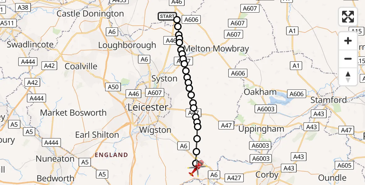 Flight route Air Ambulance Helicopter Widmerpool - Foxton, 22 May 2026, 14:56