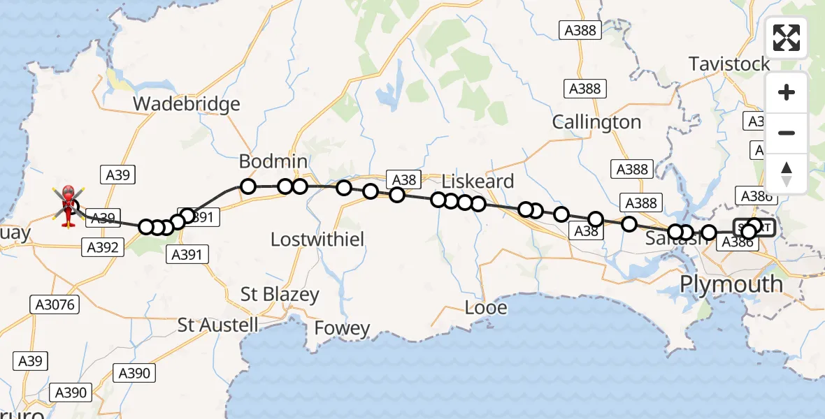 Flight route Air Ambulance Helicopter Derriford Hospital - Cornwall Airport Newquay, 22 May 2026, 14:58