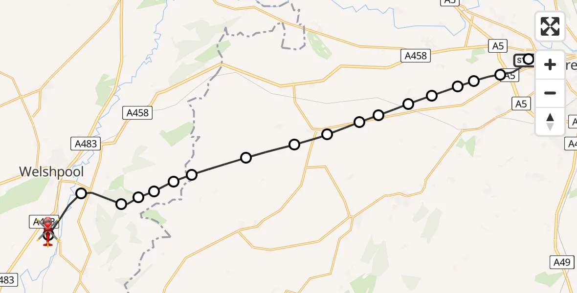 Flight route Air Ambulance Helicopter Shrewsbury Royal Hospital - Welshpool Airport, 22 May 2026, 15:04