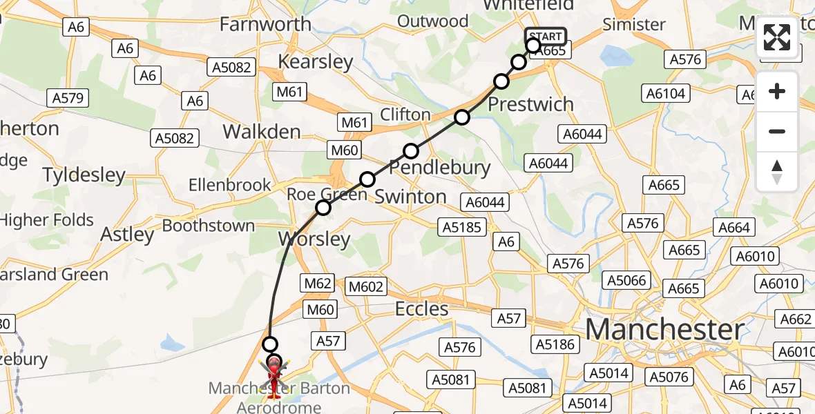 Flight route Air Ambulance Helicopter Whitefield - Manchester Barton Aerodrome, 22 May 2026, 15:06