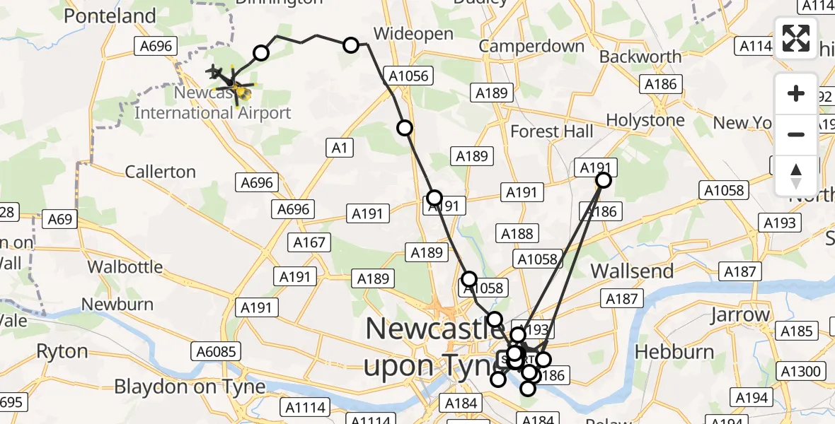 Flight route Police Helicopter St. Peter's - Newcastle International Airport, 22 May 2026, 15:09