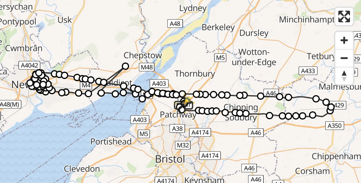 Flight route Police Helicopter Almondsbury Helicopter Base - Almondsbury Helicopter Base, 22 May 2026, 15:10