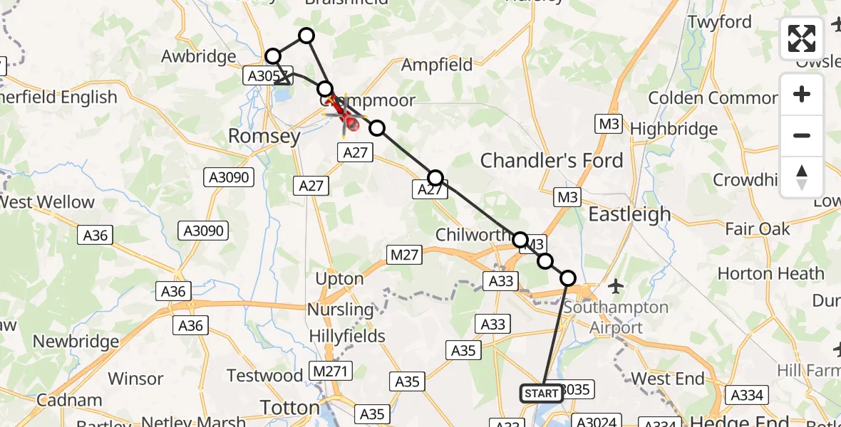 Flight route Air Ambulance Helicopter St Denys - Romsey, 22 May 2026, 15:13
