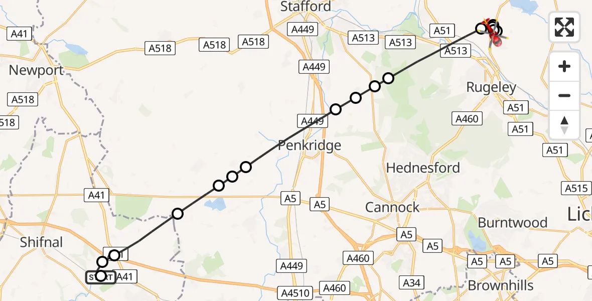 Flight route Air Ambulance Helicopter RAF Cosford - Colton, 22 May 2026, 15:18