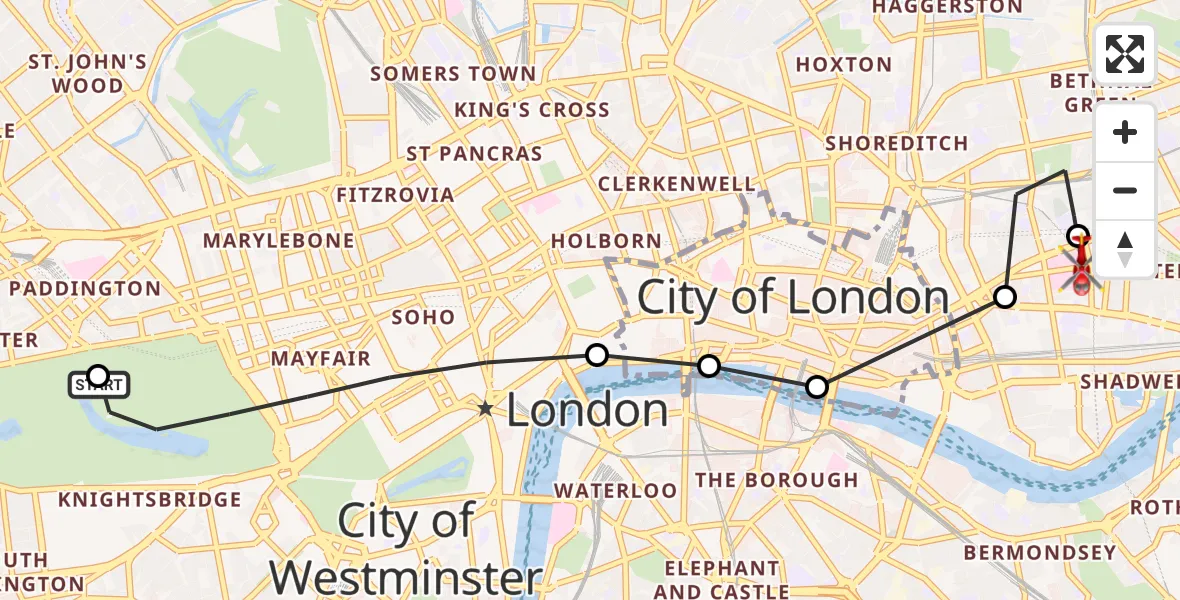 Flight route Air Ambulance Helicopter City of Westminster - Royal London Hospital, 22 May 2026, 15:20