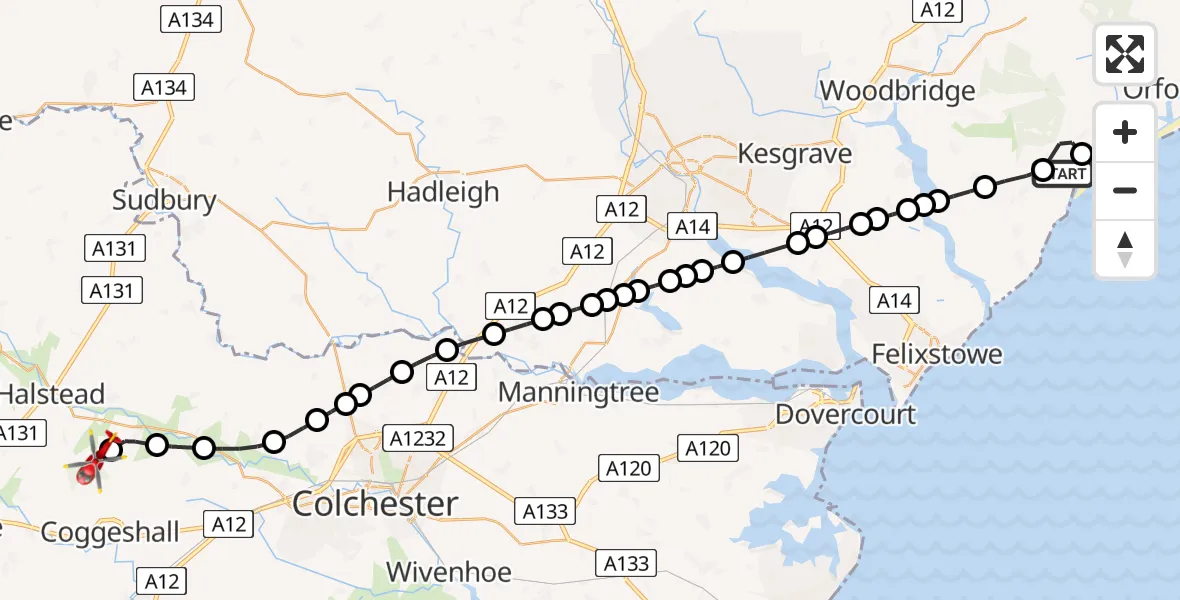 Flight route Air Ambulance Helicopter Hollesley - Earls Colne Airfield, 22 May 2026, 15:21