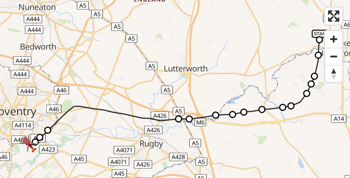 Flight route Air Ambulance Helicopter RAF Market Harborough - Coventry Airport, 22 May 2026, 15:31