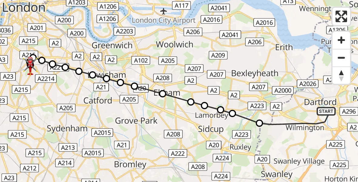 Flight route Air Ambulance Helicopter Dartford - Kings College London Hospital, 22 May 2026, 15:35