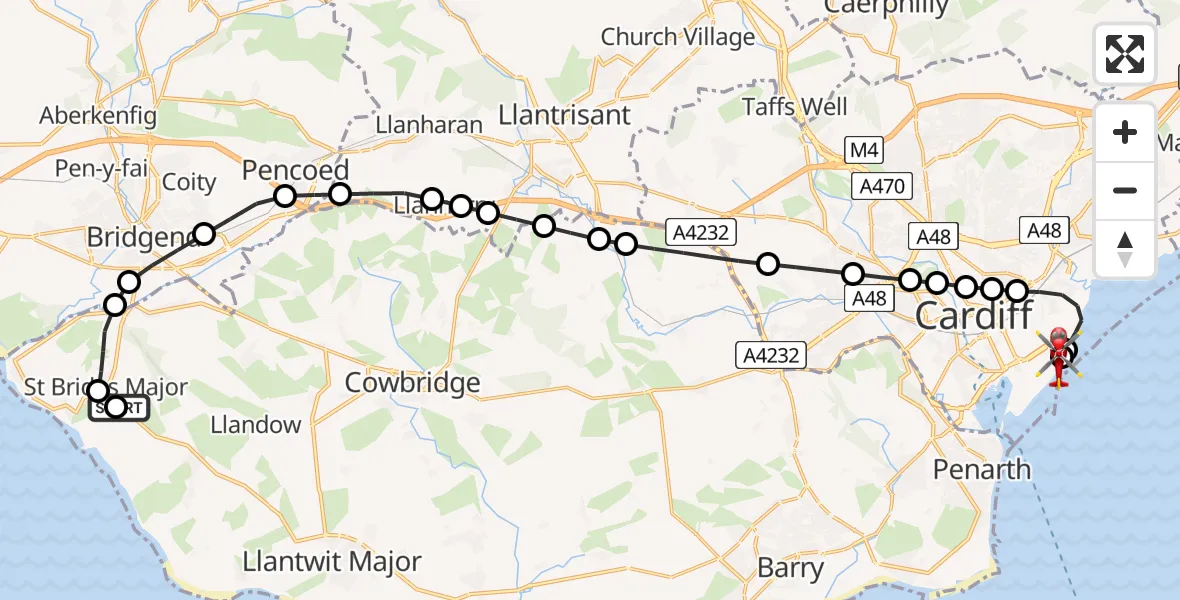 Flight route Air Ambulance Helicopter St Brides Major - Cardiff Heliport, 22 May 2026, 15:39