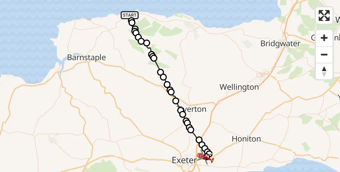 Flight route Air Ambulance Helicopter Lynmouth - Exeter International Airport, 22 May 2026, 15:39