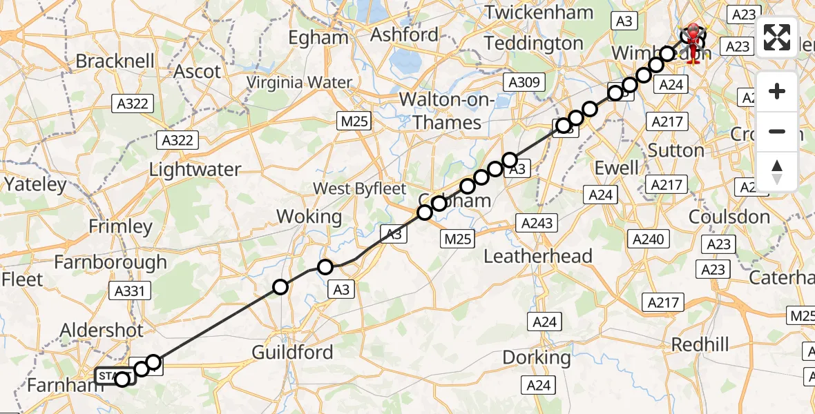 Flight route Air Ambulance Helicopter Farnham - St Georges Hospital, 22 May 2026, 15:45
