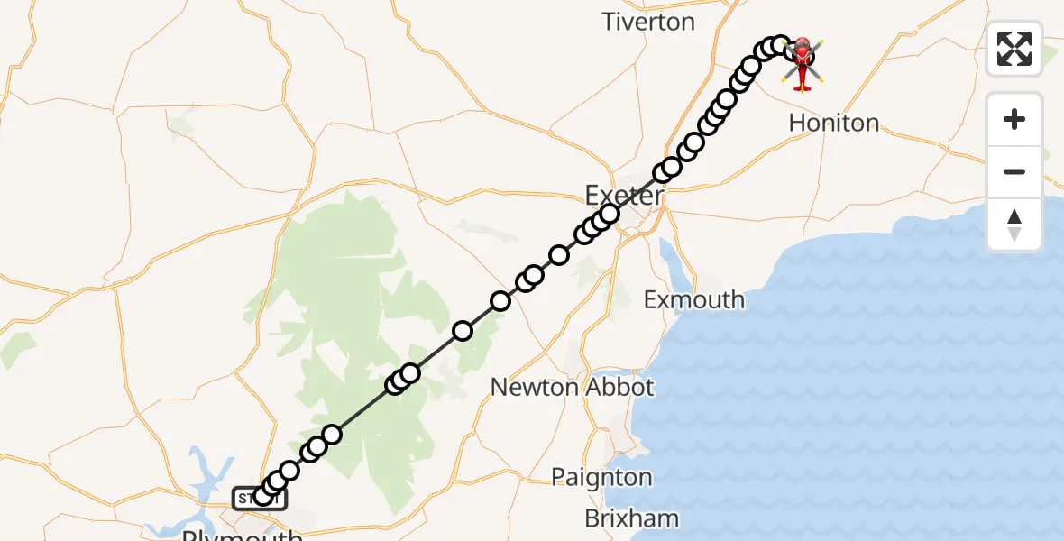 Flight route Air Ambulance Helicopter Derriford Hospital - Dunkeswell Airfield, 22 May 2026, 15:45