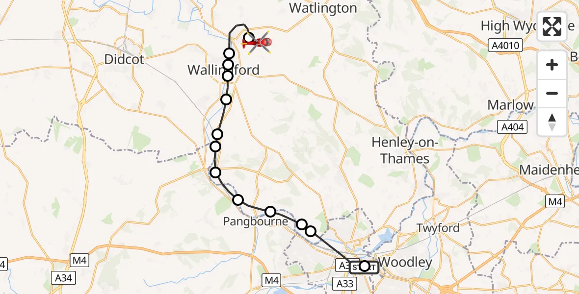 Flight route Air Ambulance Helicopter Royal Berkshire Hospital - RAF Benson, 22 May 2026, 15:45