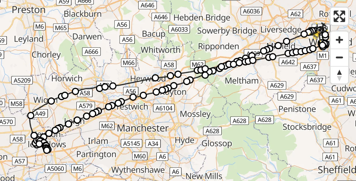 Flight route Police Helicopter East Ardsley - Brandy Carr, 22 May 2026, 15:49