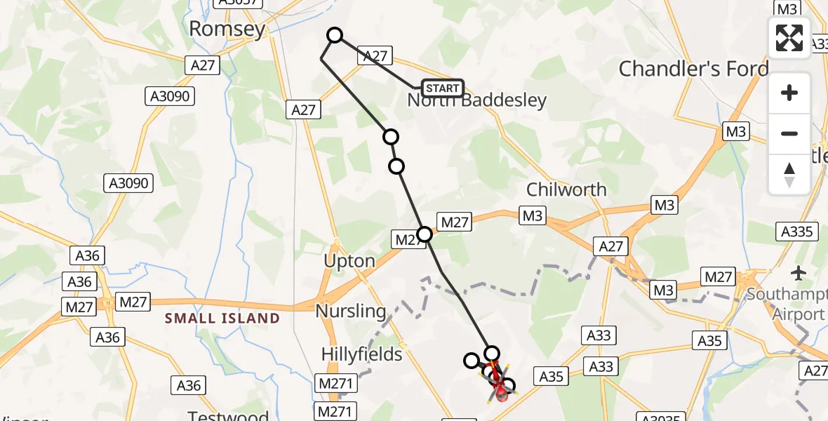 Flight route Air Ambulance Helicopter North Baddesley - University Hospital Southampton, 22 May 2026, 15:55