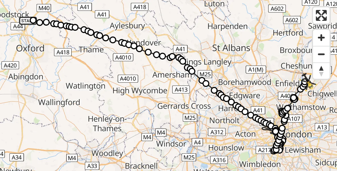 Flight route Police Helicopter Hampton Poyle - Sewardstonebury, 22 May 2026, 15:59