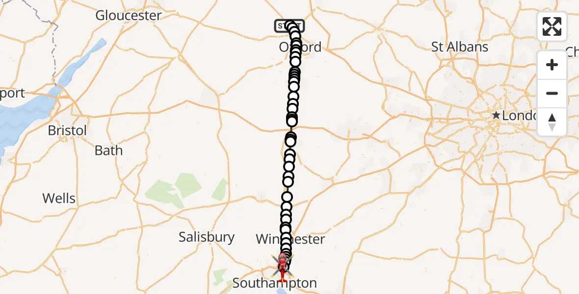 Flight route Air Ambulance Helicopter London Oxford Airport - Southampton Airport, 22 May 2026, 16:05