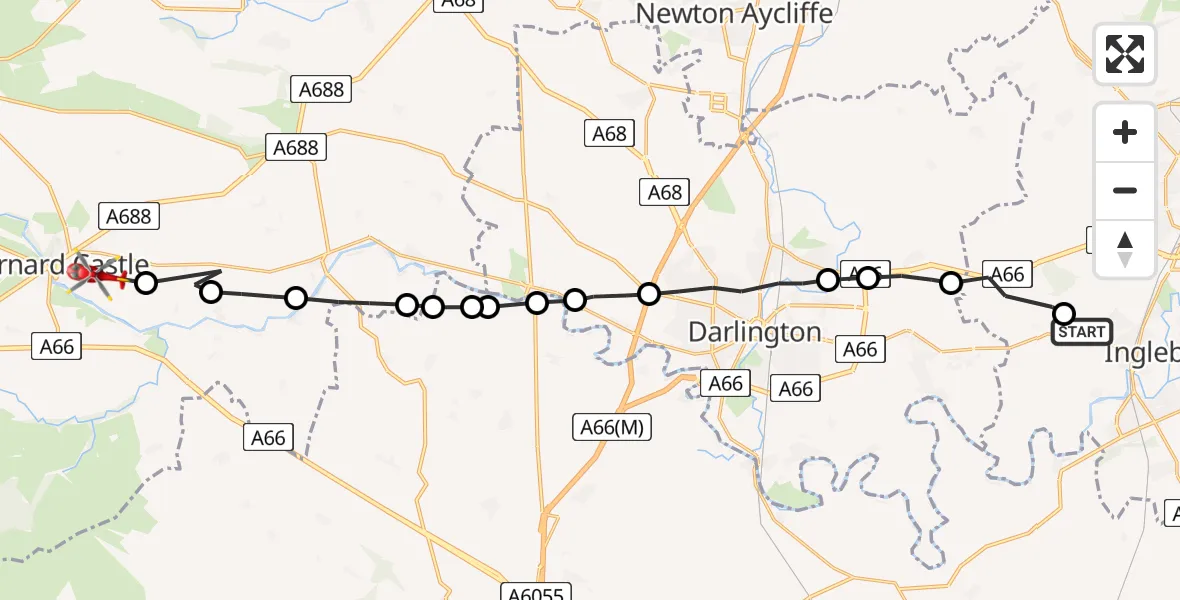 Flight route Air Ambulance Helicopter Egglescliffe - Marwood, 22 May 2026, 16:08