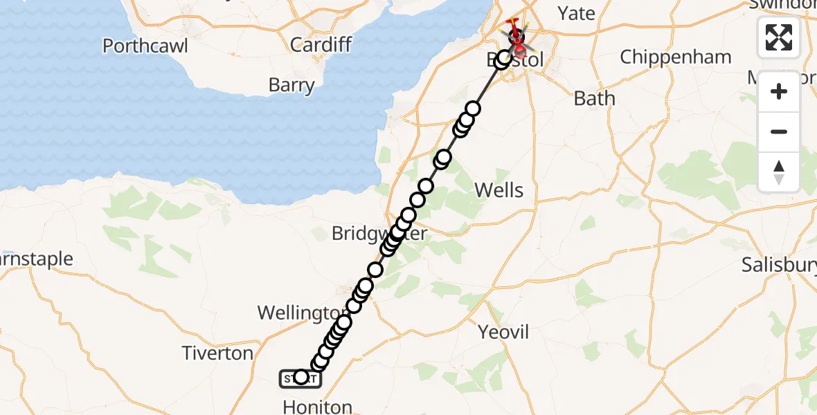 Flight route Air Ambulance Helicopter Dunkeswell Airfield - Bristol, 22 May 2026, 16:09