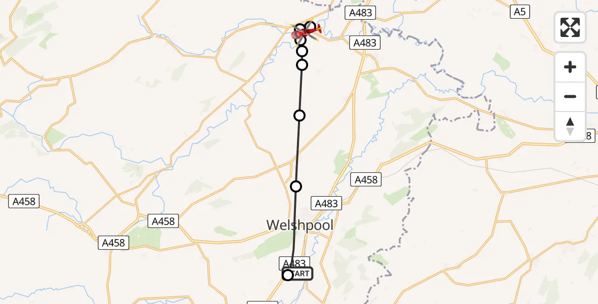 Flight route Air Ambulance Helicopter Welshpool Airport - Sarnau, 22 May 2026, 16:13