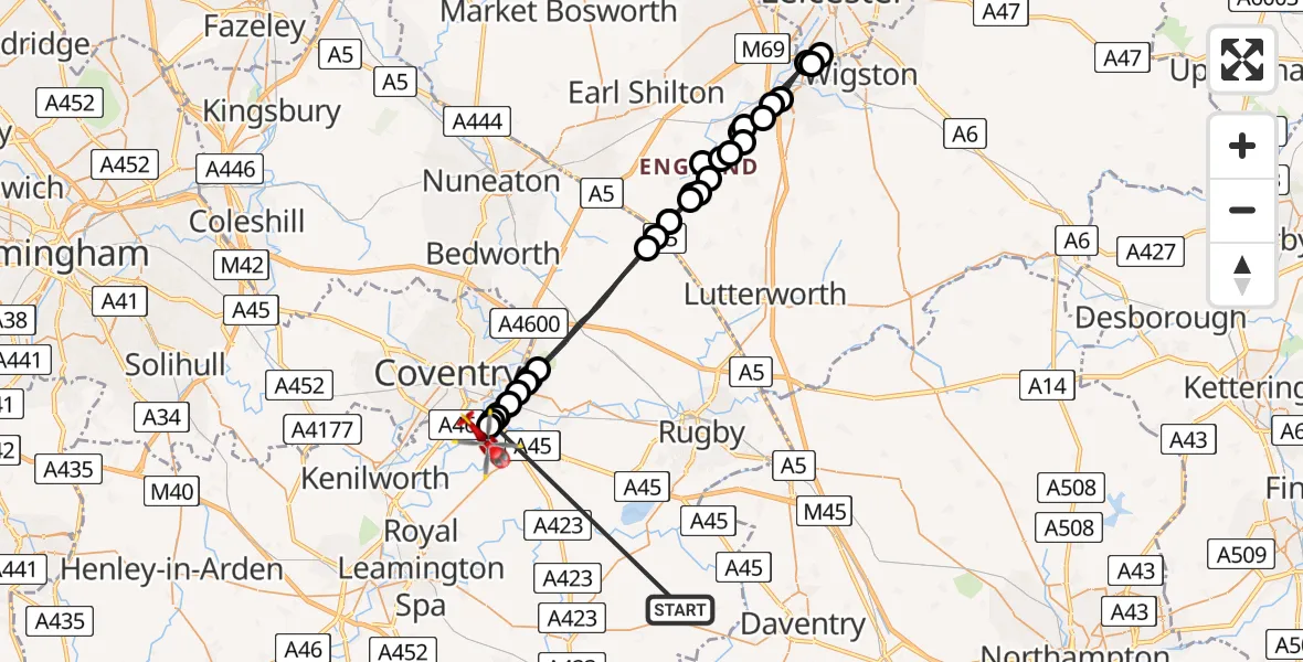 Flight route Air Ambulance Helicopter Stratford-on-Avon - Coventry Airport, 22 May 2026, 16:14