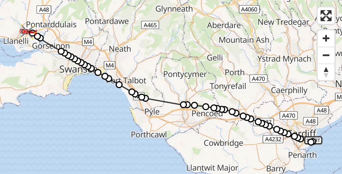 Flight route Air Ambulance Helicopter Cardiff Heliport - Dafen, 22 May 2026, 16:24
