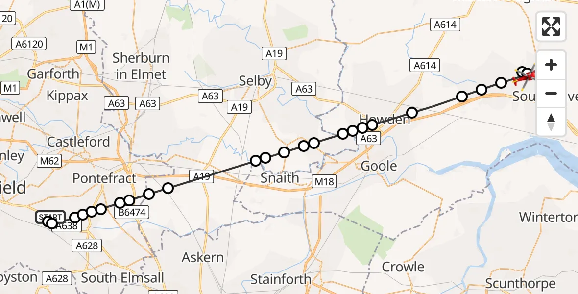 Flight route Air Ambulance Helicopter YAA Nostell Helicopter Port - North Cave, 22 May 2026, 16:29