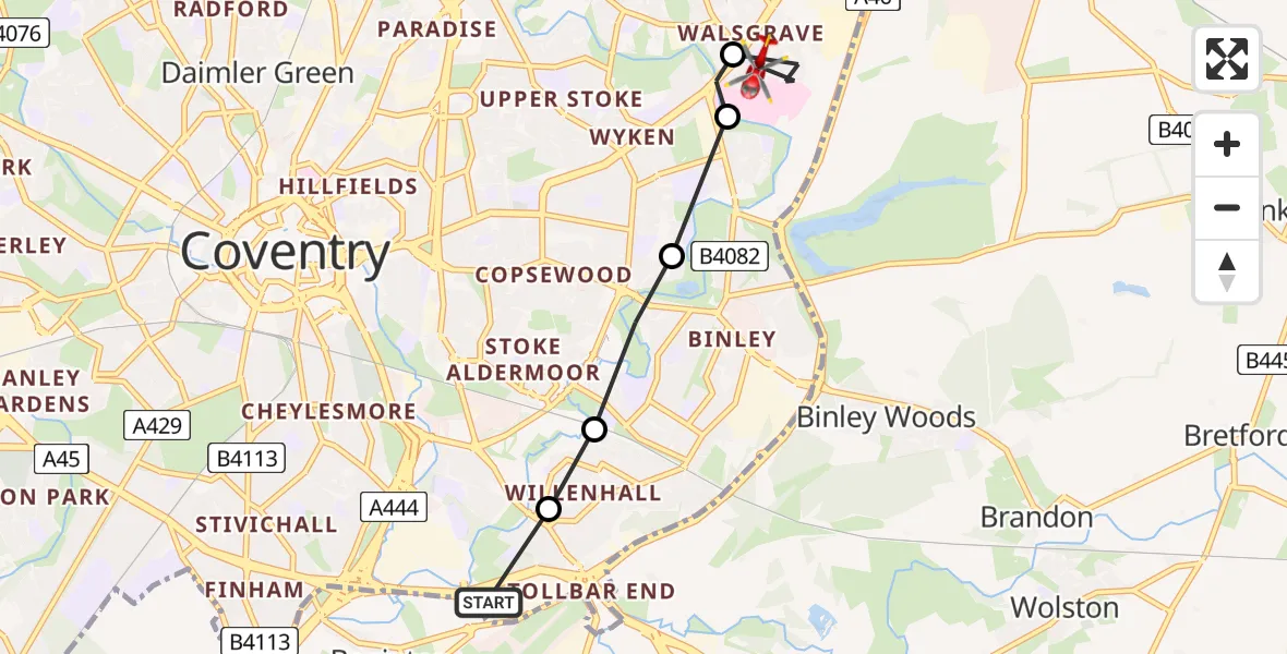 Flight route Air Ambulance Helicopter Coventry Airport - Walsgrave, 22 May 2026, 16:37