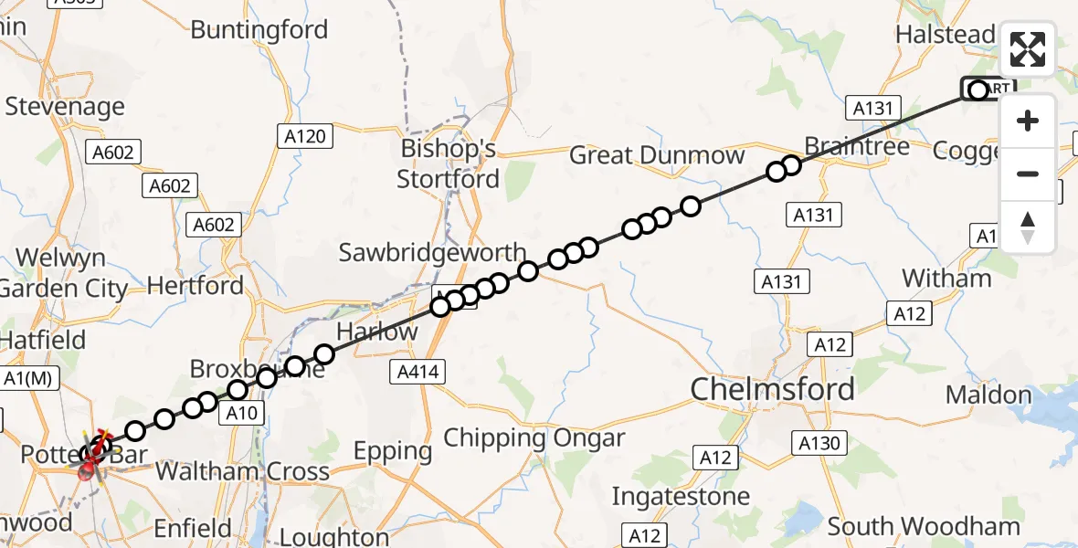 Flight route Air Ambulance Helicopter Earls Colne Airfield - Potters Bar, 22 May 2026, 16:37