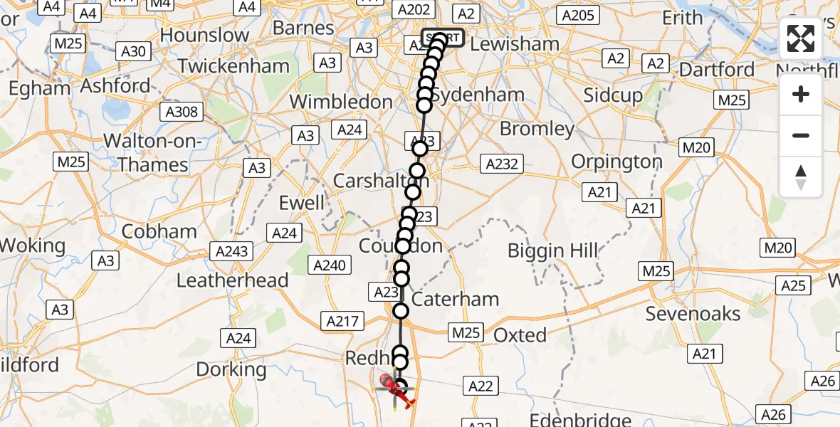 Flight route Air Ambulance Helicopter Kings College London Hospital - Redhill Aerodrome, 22 May 2026, 16:38