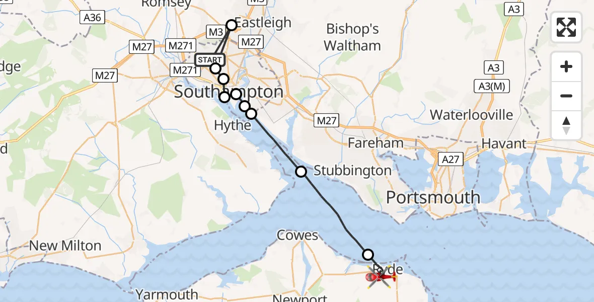 Flight route Air Ambulance Helicopter University Hospital Southampton - Ryde, 22 May 2026, 16:39
