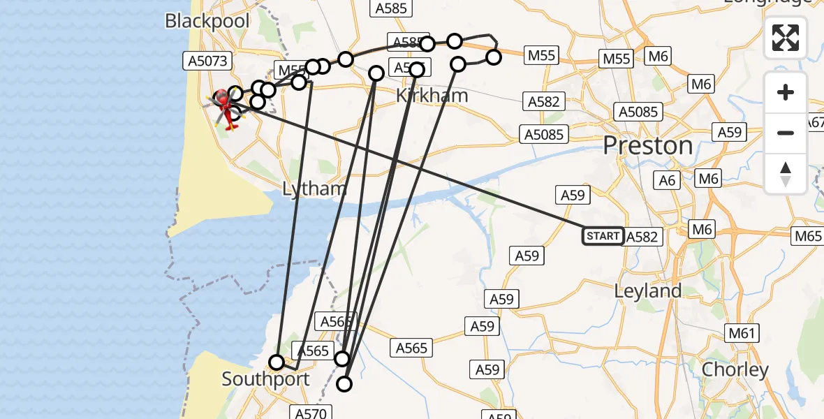 Flight route Air Ambulance Helicopter Whitestake - Blackpool Airport, 22 May 2026, 16:40