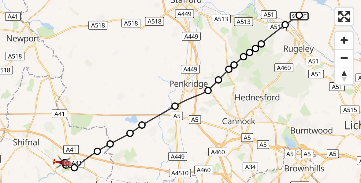 Flight route Air Ambulance Helicopter Colton - Tong, 22 May 2026, 16:44
