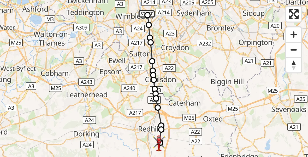 Flight route Air Ambulance Helicopter St Georges Hospital - Redhill Aerodrome, 22 May 2026, 16:46