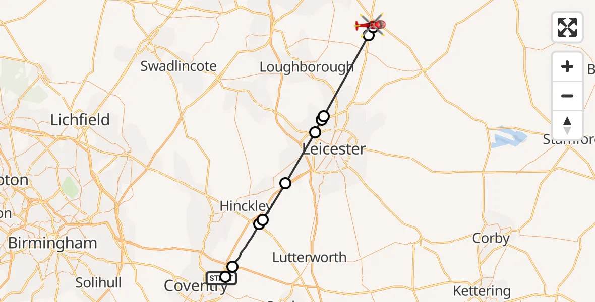 Flight route Air Ambulance Helicopter University Hospital Coventry - Nottingham Heliport, 22 May 2026, 16:46