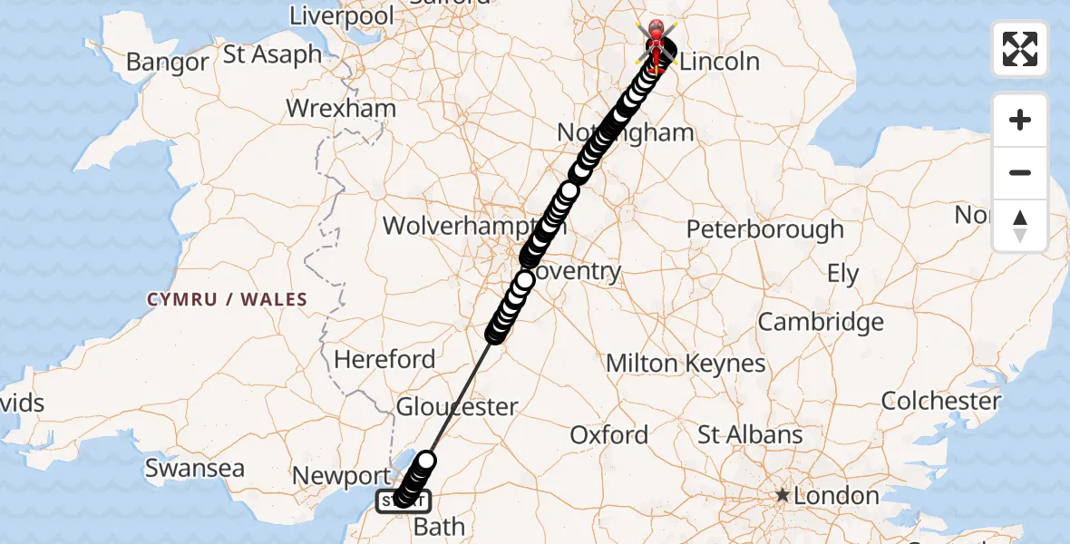 Flight route Air Ambulance Helicopter Southmead Hospital - Retford Gamston Airport, 22 May 2026, 16:55