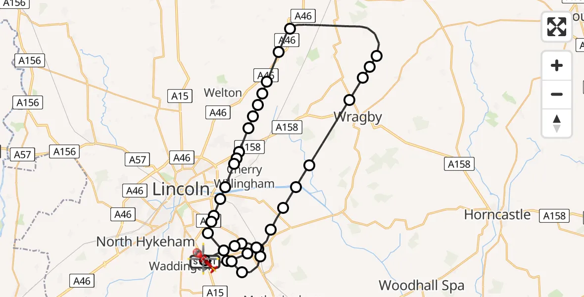 Flight route Air Ambulance Helicopter RAF Waddington - North Kesteven, 22 May 2026, 16:57