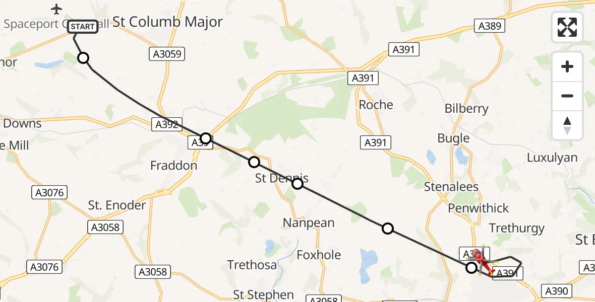 Flight route Air Ambulance Helicopter Cornwall Airport Newquay - Trethurgy, 22 May 2026, 17:00