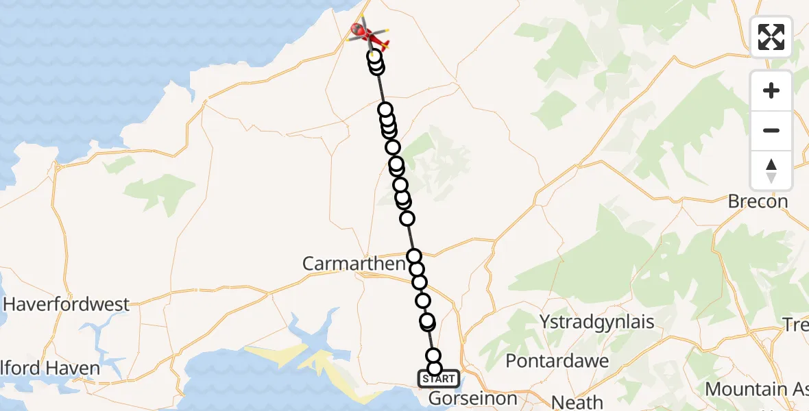 Flight route Air Ambulance Helicopter Dafen - Mydroilyn, 22 May 2026, 17:13